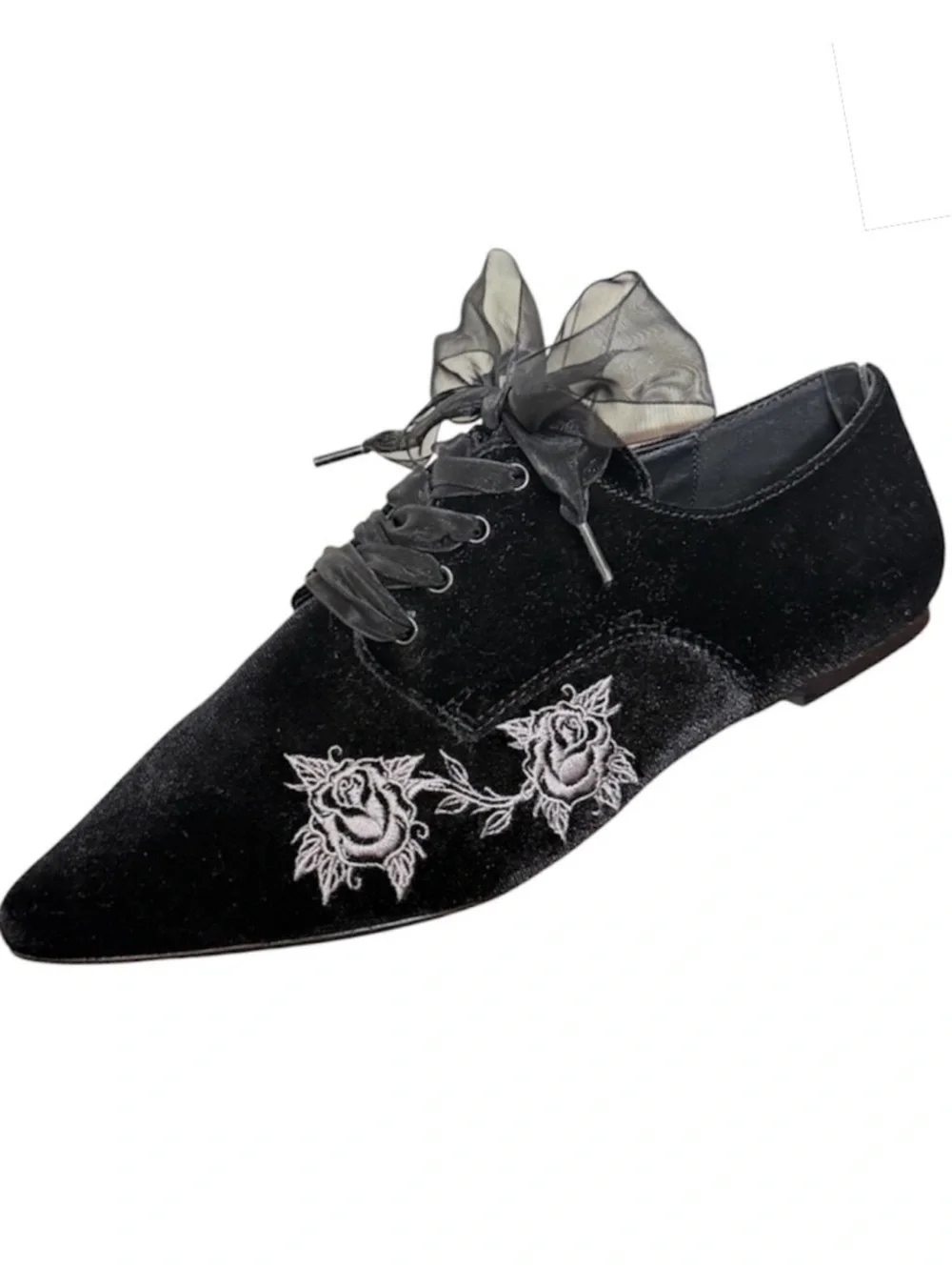 Lively Ghosts x Strange Cvlt NIGHTFALL FLATS Black Velvet Rose Lace-Up Oxfords - Picture 9 of 9